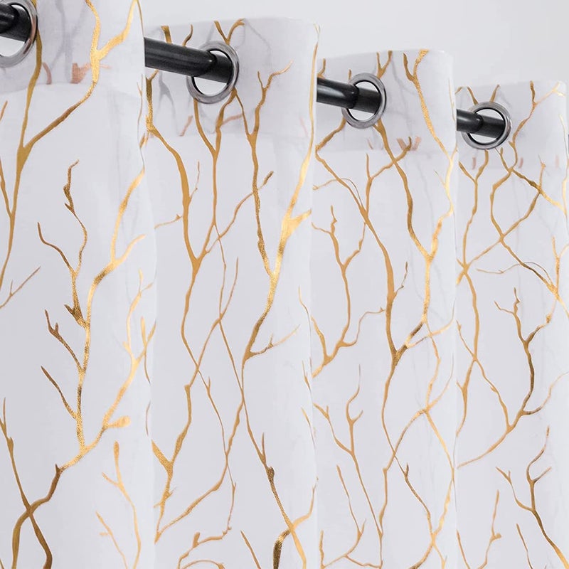 Kotile Gold and White Sheer Curtains 63 Inch Length 2 Panels Metallic Tree Branches Shimmer White Sheer Curtains for Bedroom Grommet Privacy Window Tree Curtains, 52 x 63 Inch, White Gold - Image 1